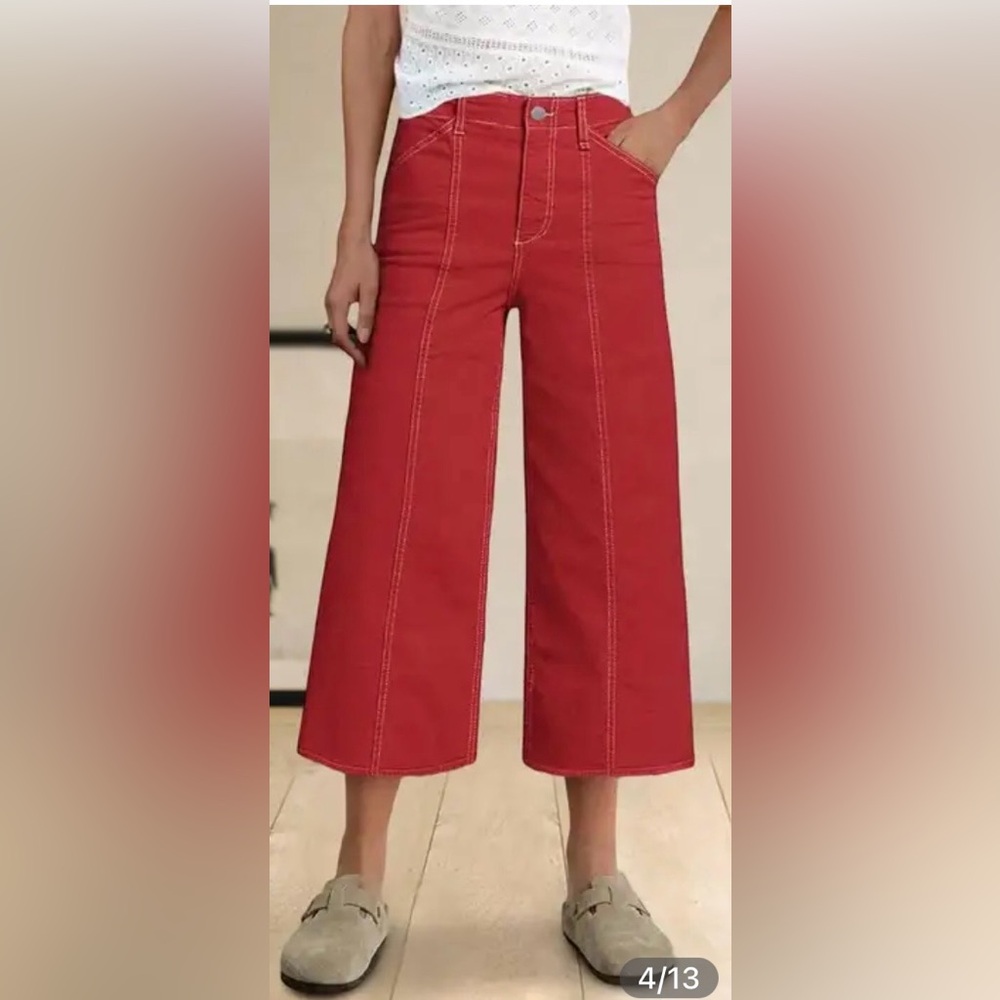 Flamingals Contrast Stitch Mid Rise Straight Leg Capri Pants in Red Size Med NWT
